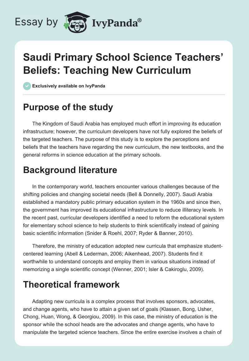 Saudi Primary School Science Teachers’ Beliefs: Teaching New Curriculum. Page 1