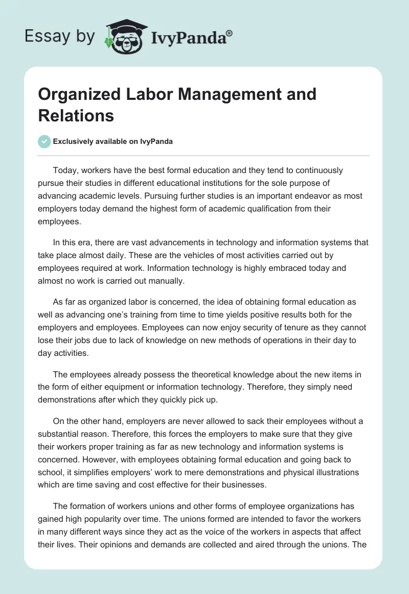 Organized Labor Management and Relations. Page 1