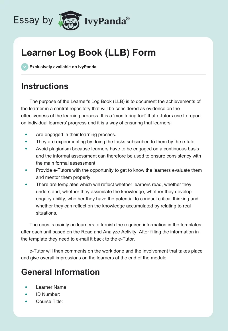 Learner Log Book (LLB) Form. Page 1