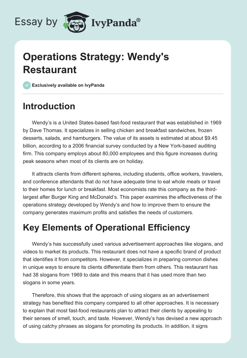 Operations Strategy: Wendy's Restaurant. Page 1