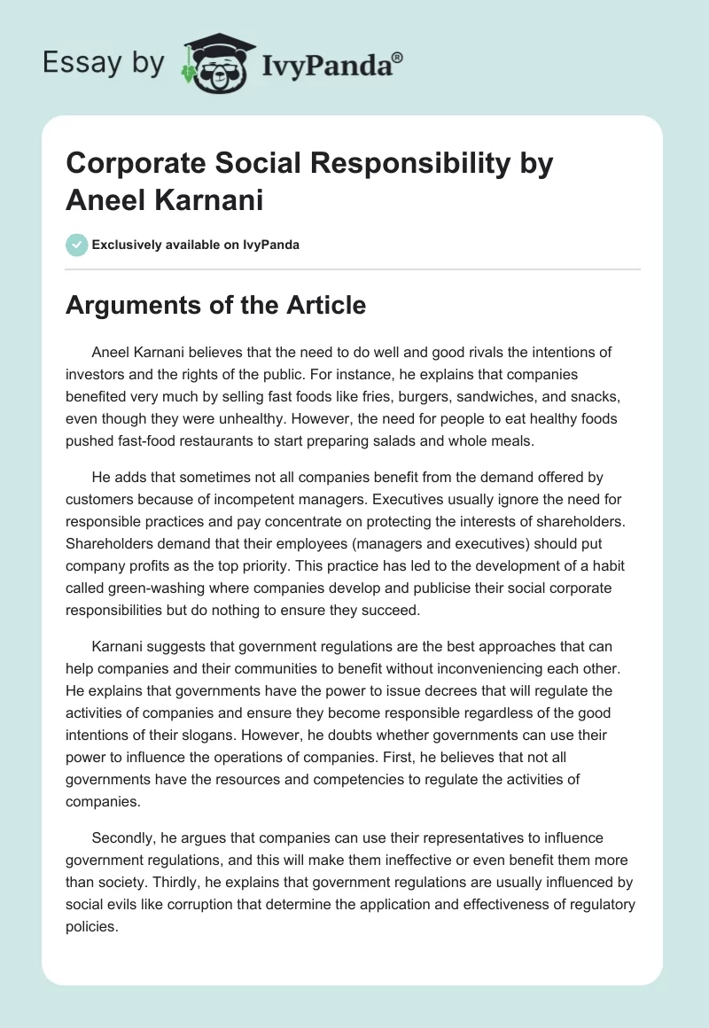 "Corporate Social Responsibility" by Aneel Karnani. Page 1