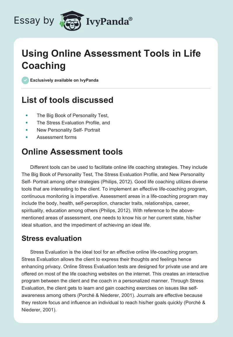 Using Online Assessment Tools in Life Coaching. Page 1
