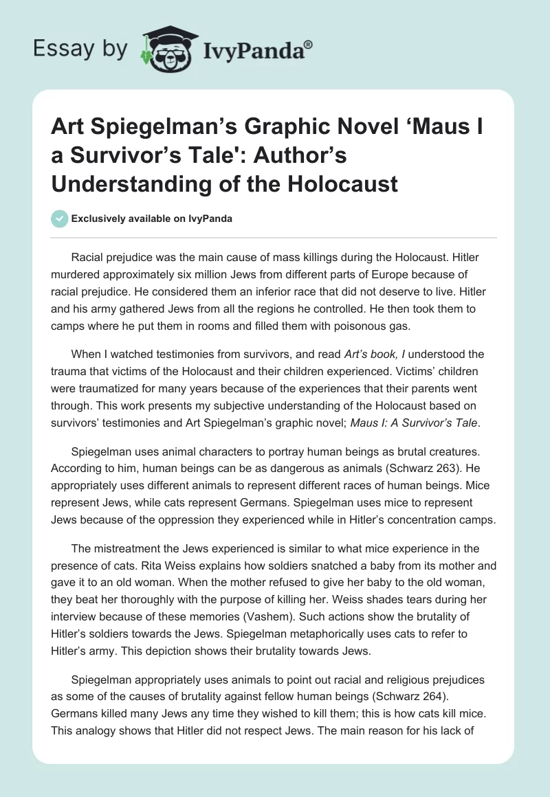Art Spiegelman’s Graphic Novel "Maus I: A Survivor’s Tale": Author’s Understanding of the Holocaust. Page 1