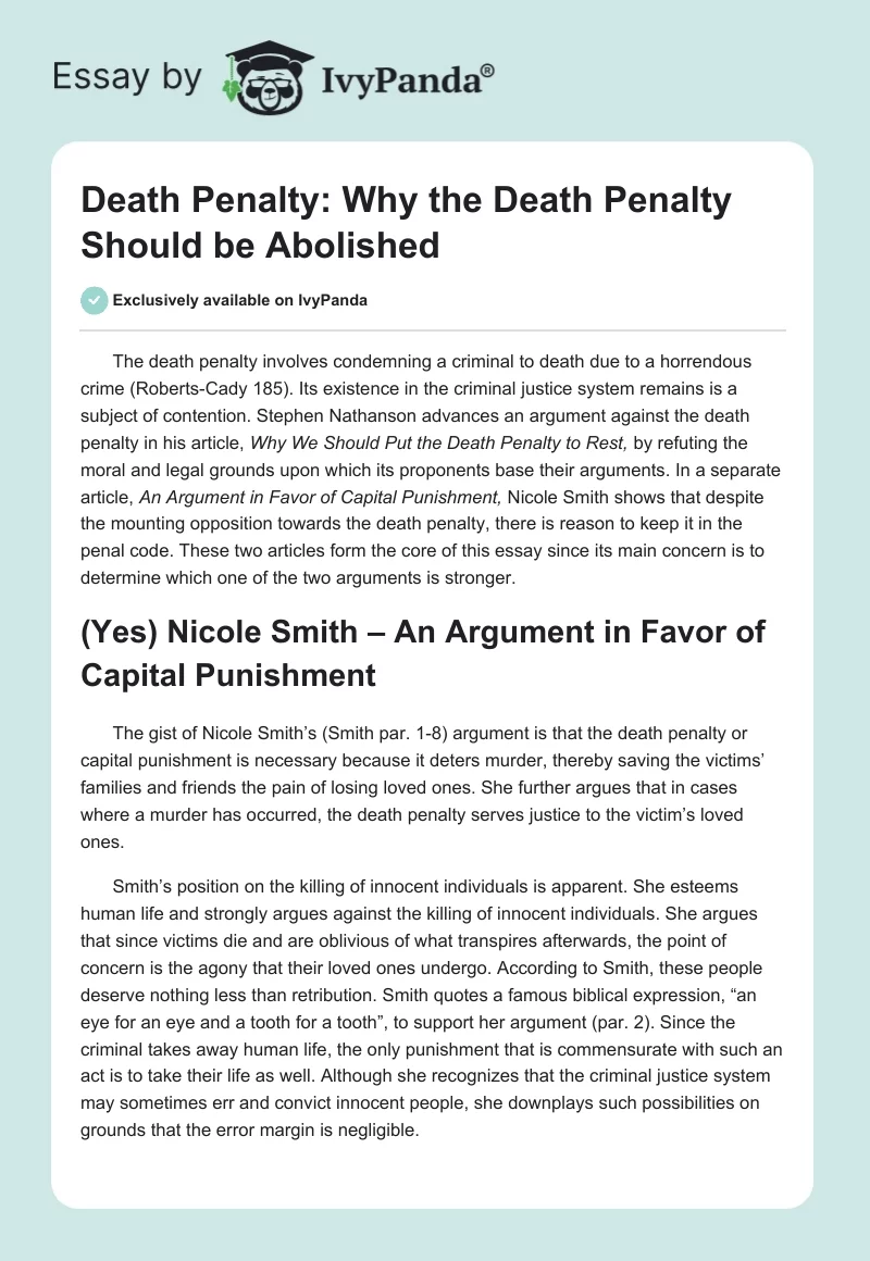 Death Penalty: Why the Death Penalty Should be Abolished. Page 1
