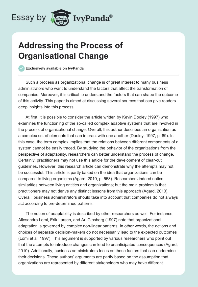 Addressing the Process of Organisational Change. Page 1