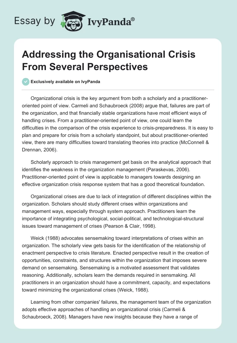 Addressing the Organisational Crisis From Several Perspectives. Page 1