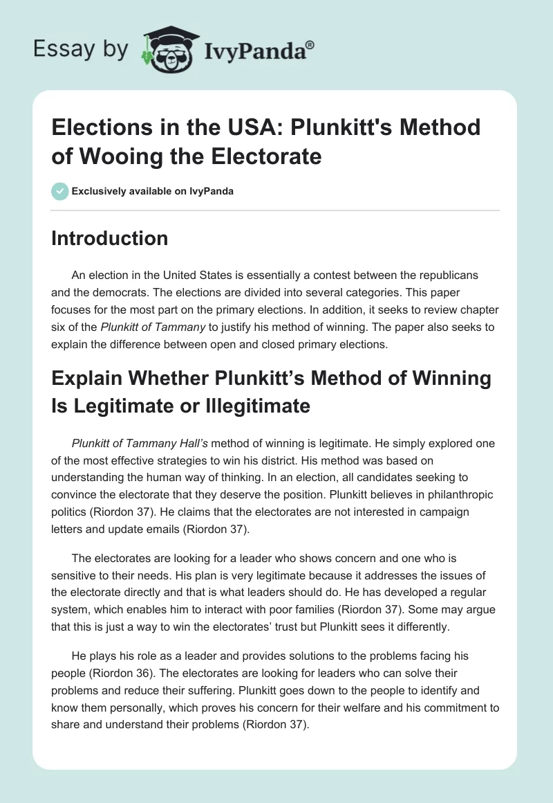 Elections in the USA: Plunkitt's Method of Wooing the Electorate. Page 1