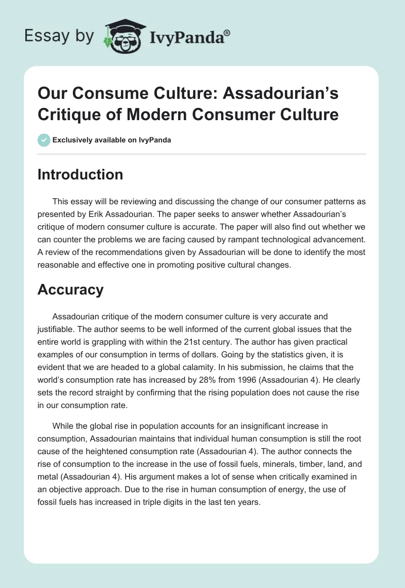 Our Consume Culture: Assadourian’s Critique of Modern Consumer Culture. Page 1