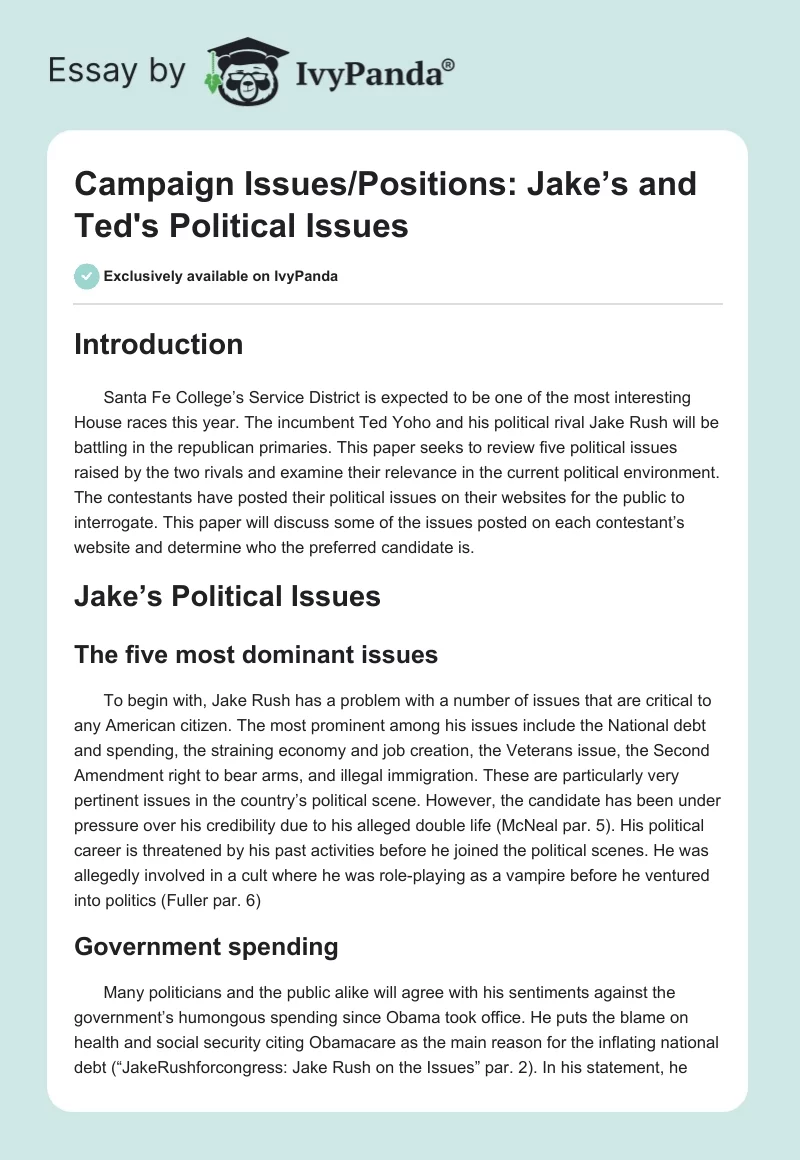 Campaign Issues/Positions: Jake’s and Ted's Political Issues. Page 1
