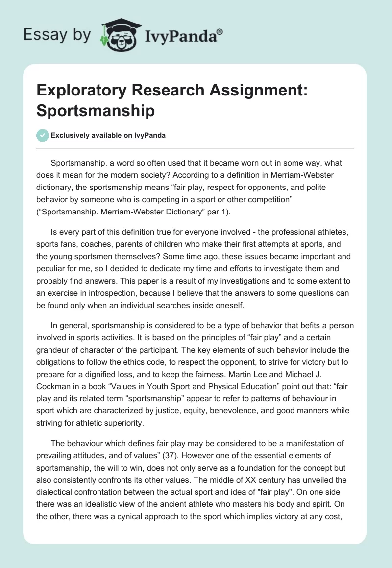 Exploratory Research Assignment: Sportsmanship. Page 1