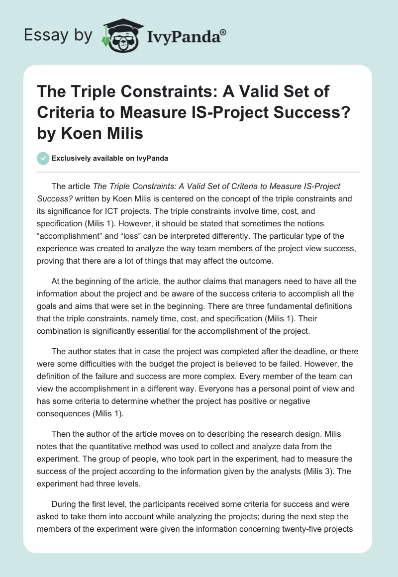 The Triple Constraints: A Valid Set of Criteria to Measure IS-Project Success?" by Koen Milis. Page 1