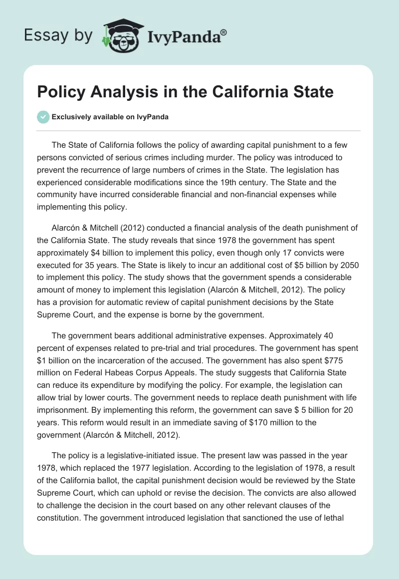 Policy Analysis in the California State. Page 1
