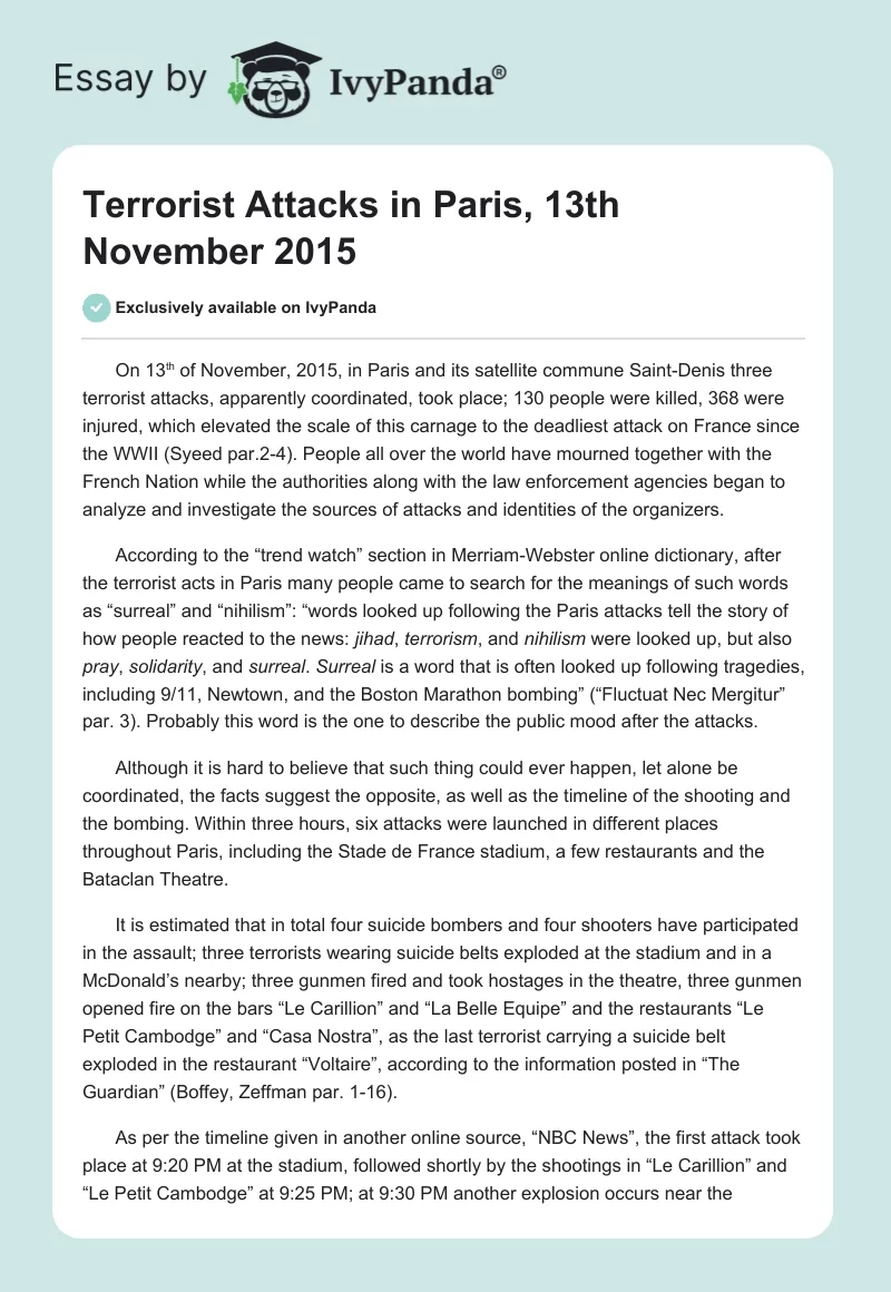 Terrorist Attacks in Paris, 13th November 2015. Page 1