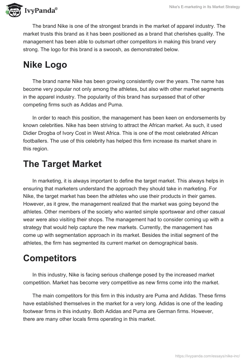 Nike's E-Marketing in Its Market Strategy. Page 2