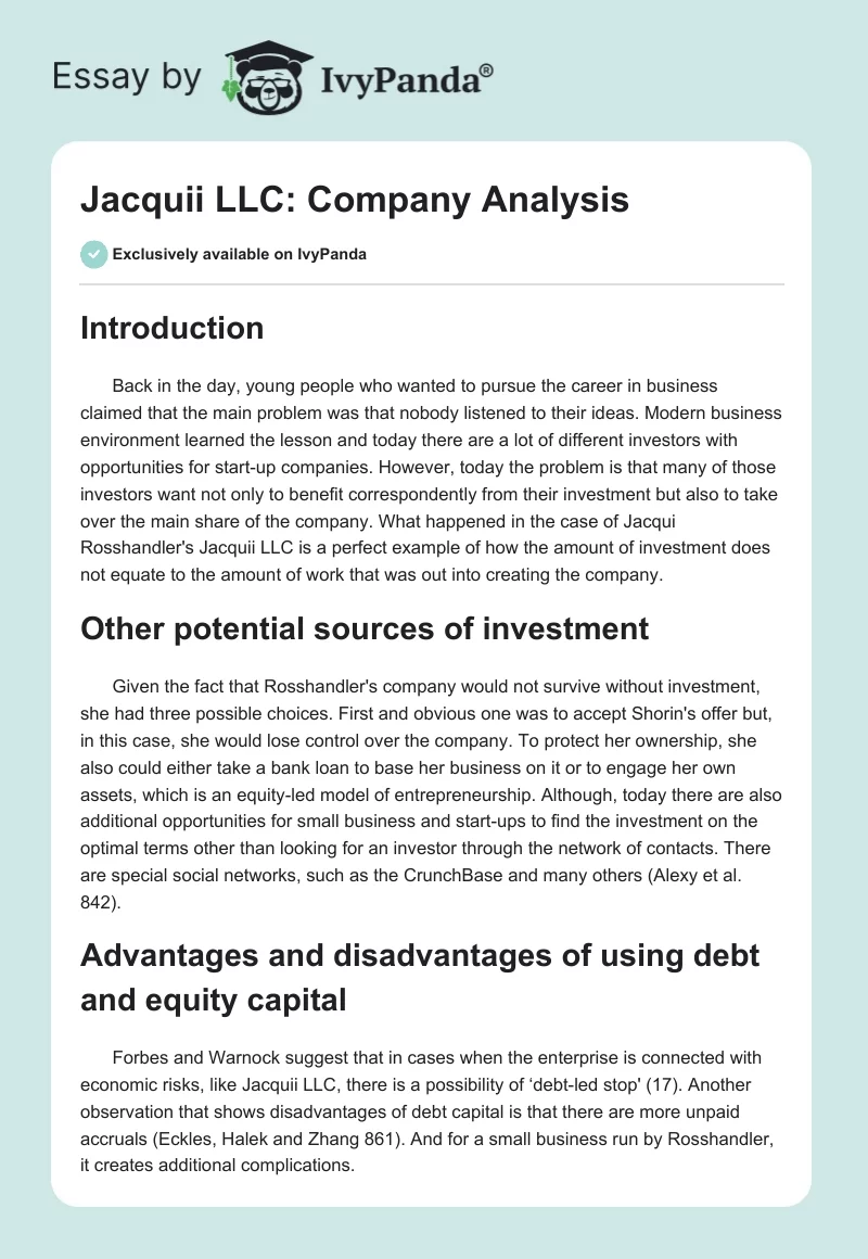 Jacquii LLC: Company Analysis. Page 1