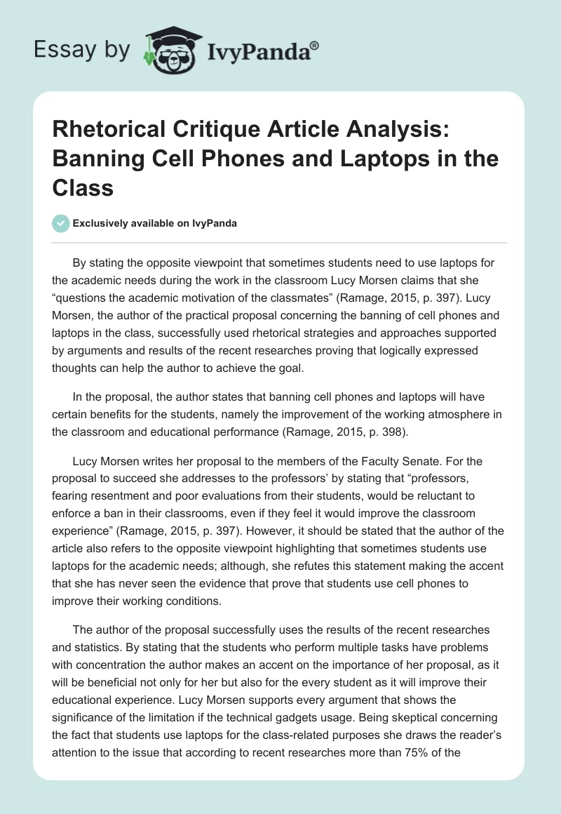 Rhetorical Critique Article Analysis: Banning Cell Phones and Laptops in the Class. Page 1