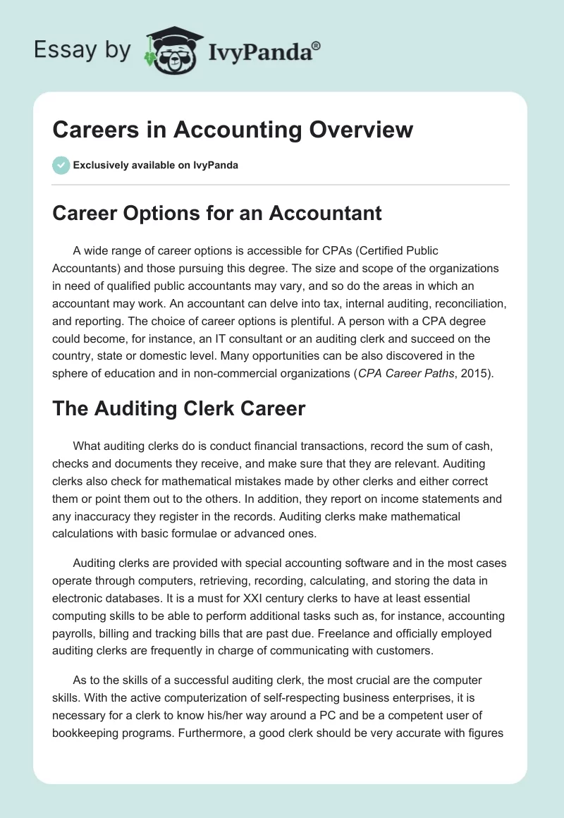 Careers in Accounting Overview. Page 1