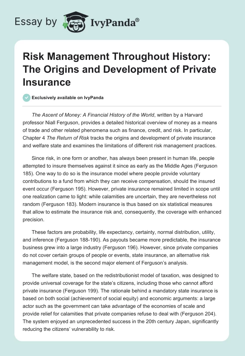 Risk Management Throughout History: The Origins and Development of Private Insurance. Page 1