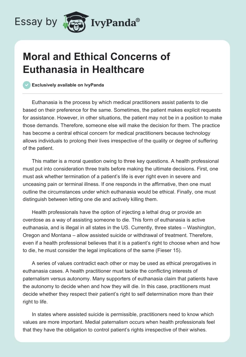 Moral and Ethical Concerns of Euthanasia in Healthcare. Page 1