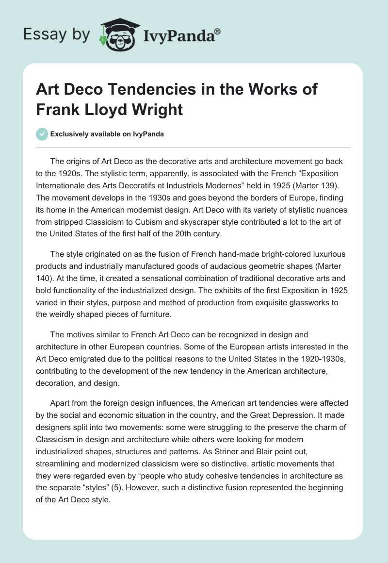 Art Deco Tendencies in the Works of Frank Lloyd Wright. Page 1