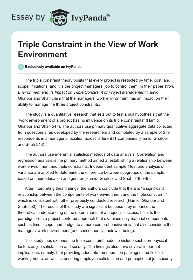 Triple Constraint in the View of Work Environment. Page 1