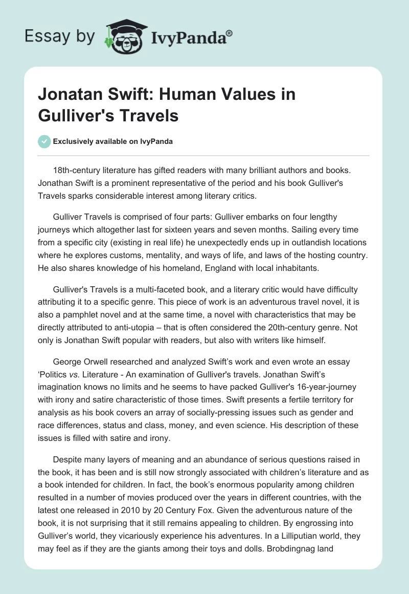 Jonatan Swift: Human Values in "Gulliver's Travels". Page 1