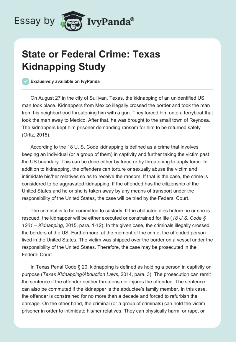 State or Federal Crime: Texas Kidnapping Study. Page 1