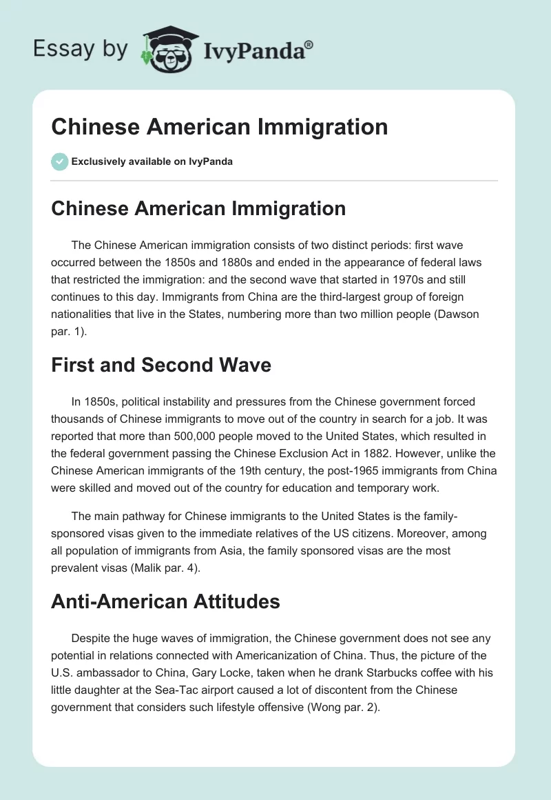 Chinese American Immigration. Page 1