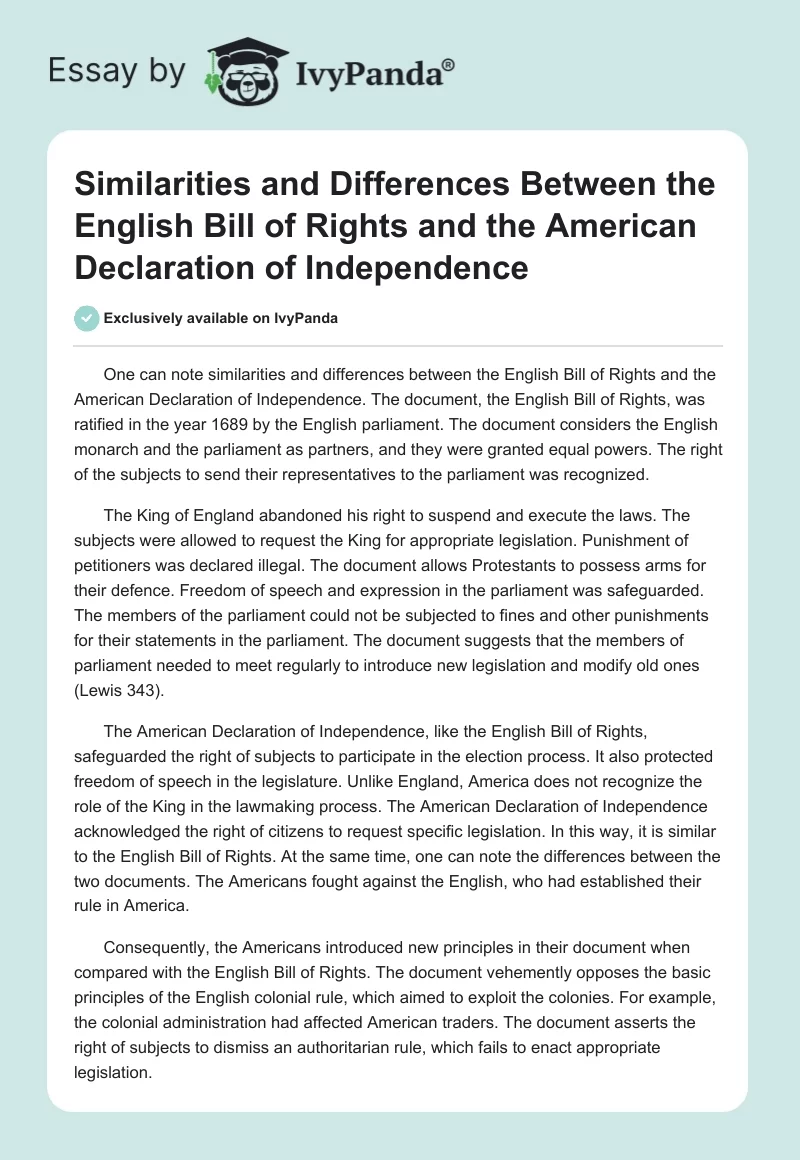 Similarities and Differences Between the English Bill of Rights and the American Declaration of Independence. Page 1