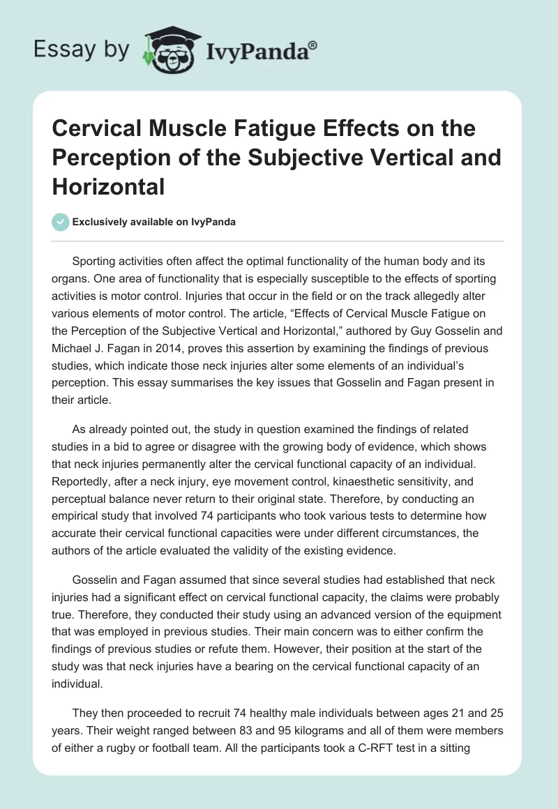 Cervical Muscle Fatigue Effects on the Perception of the Subjective Vertical and Horizontal. Page 1