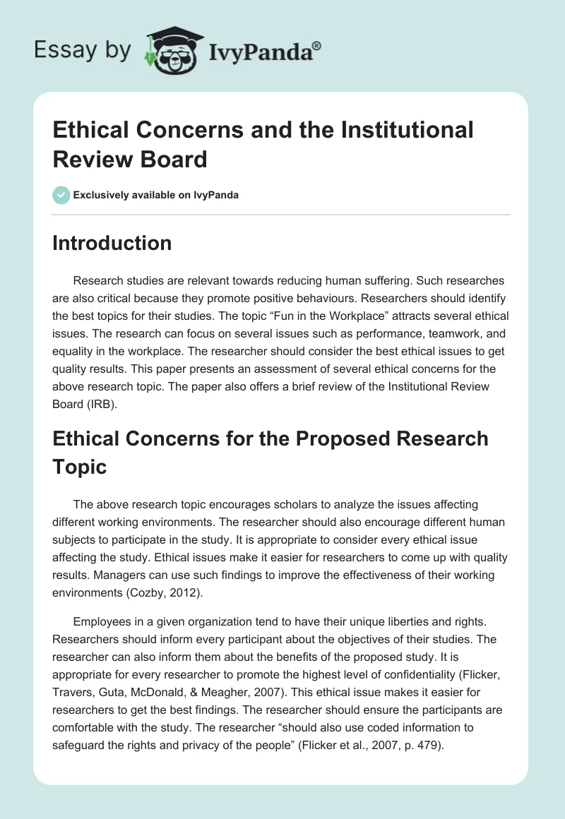 Ethical Concerns and the Institutional Review Board. Page 1