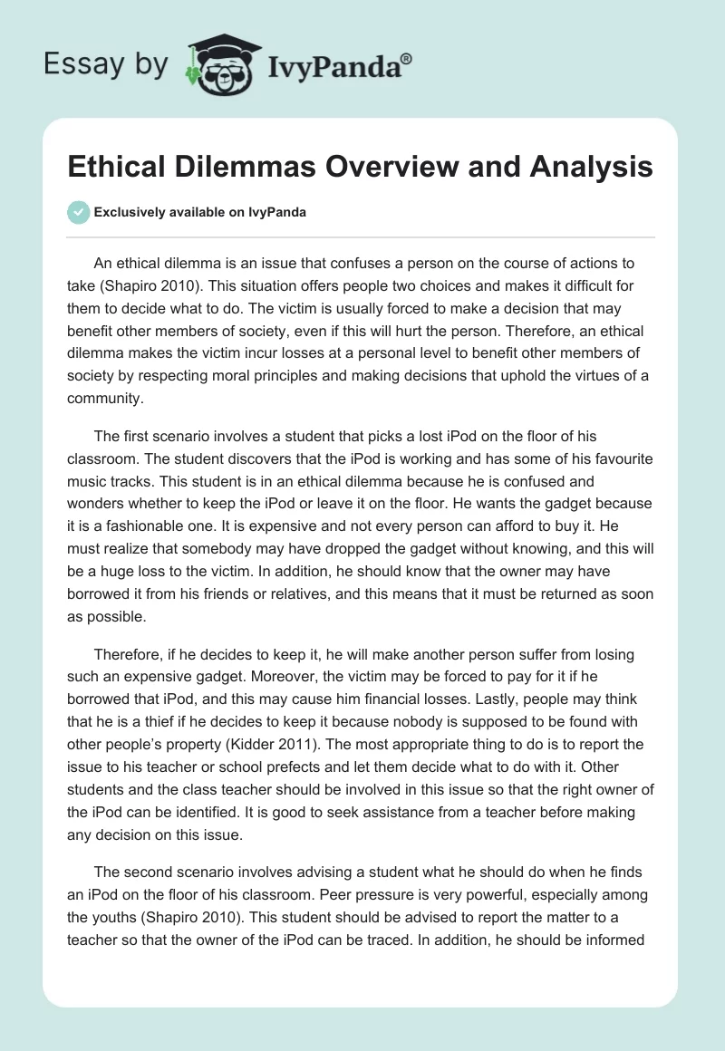 Ethical Dilemmas Overview and Analysis. Page 1