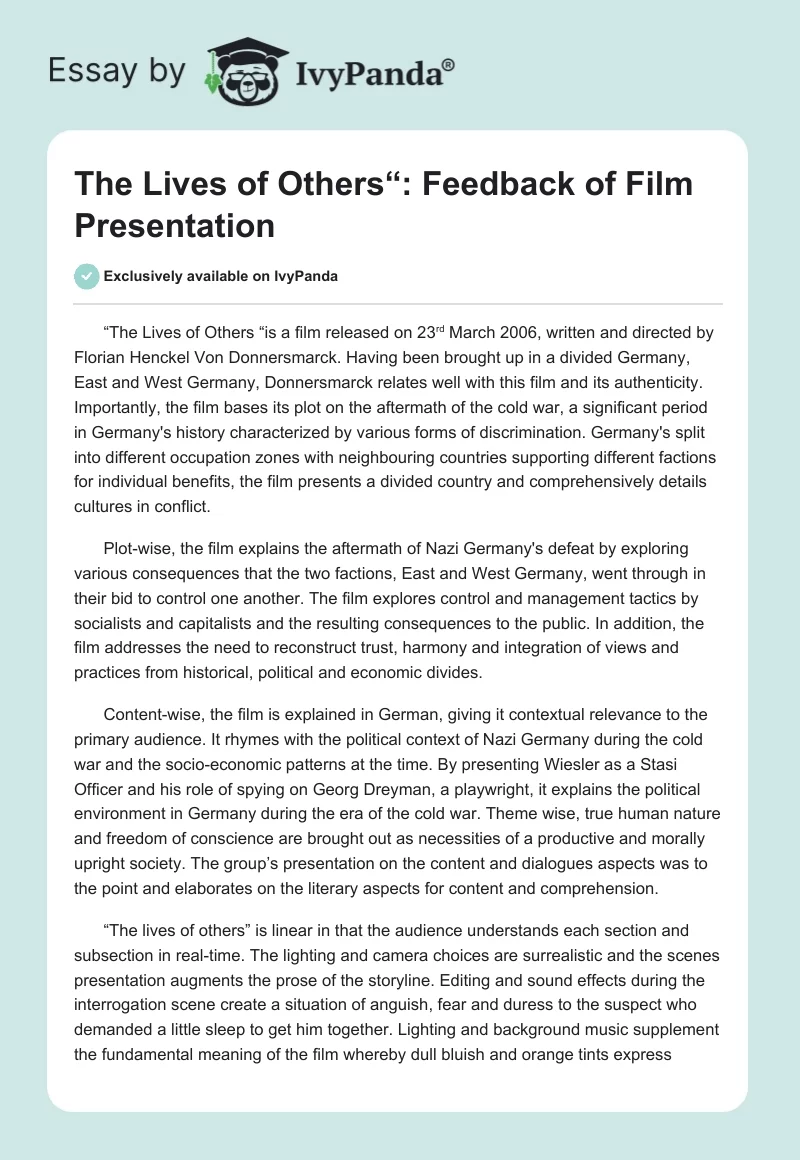 "The Lives of Others“: Feedback of Film Presentation. Page 1