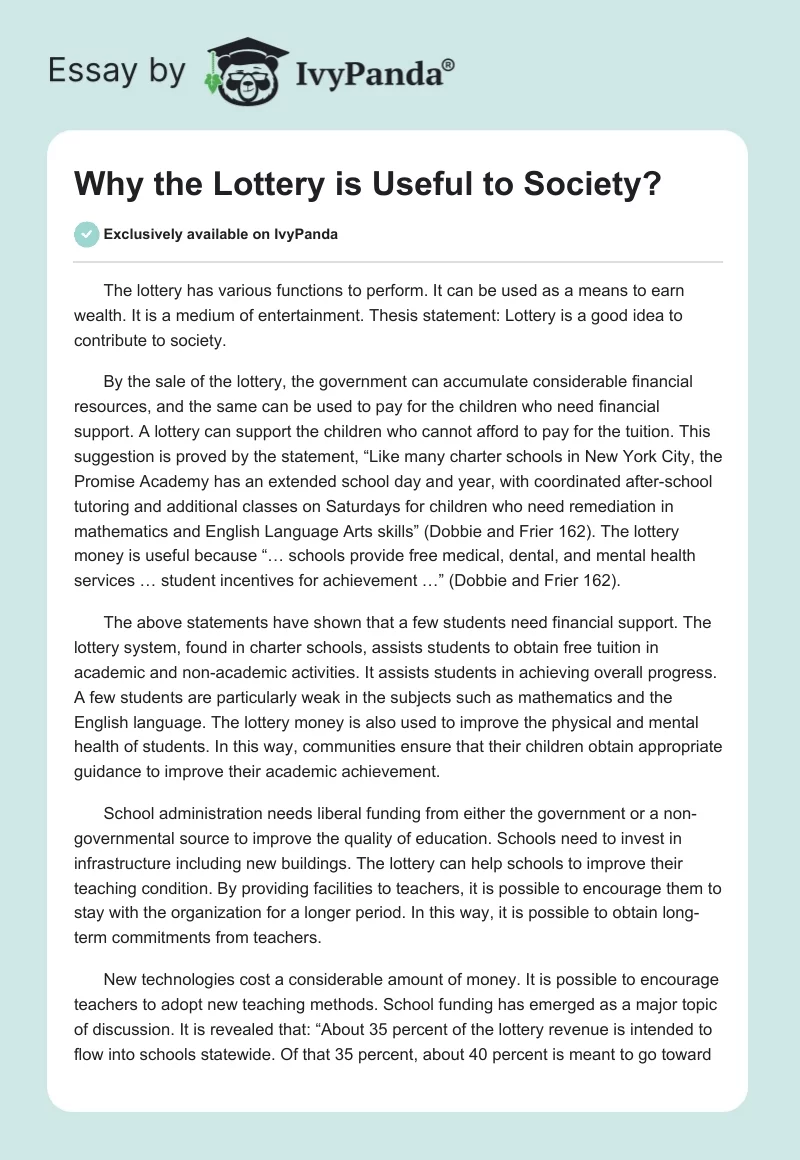 Why the Lottery is Useful to Society?. Page 1