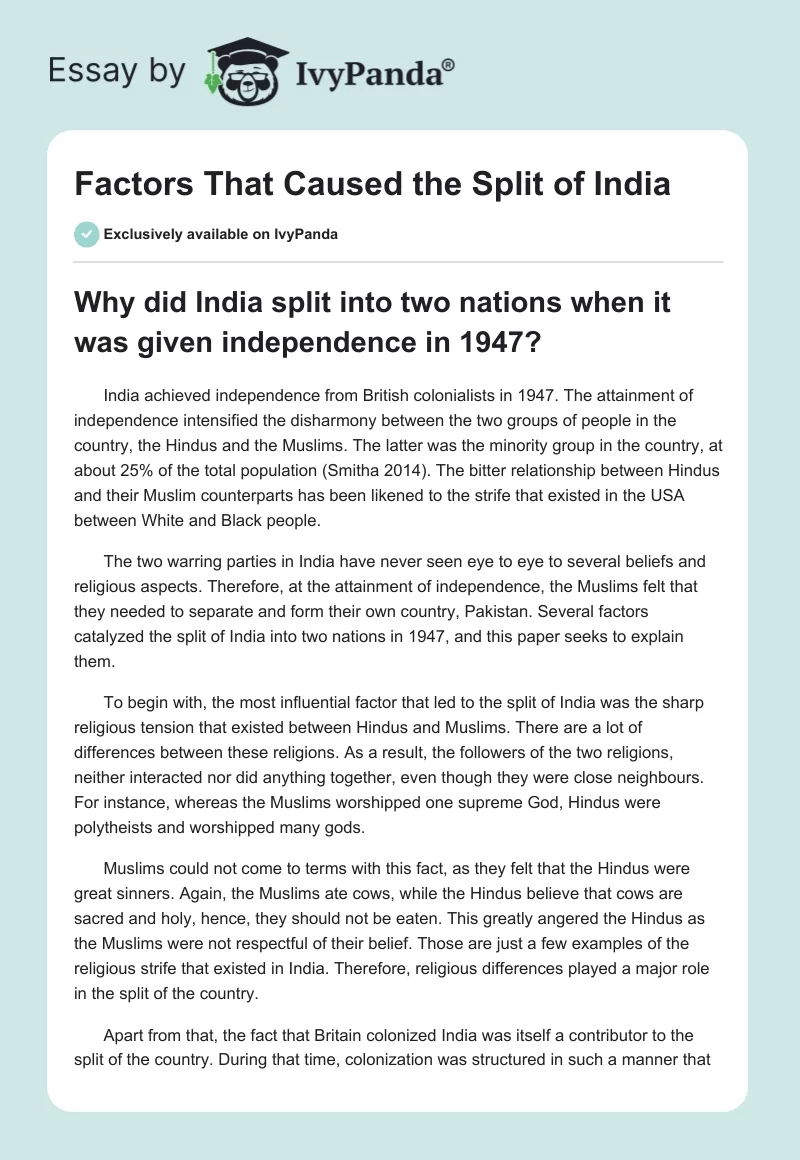 Factors That Caused the Split of India. Page 1