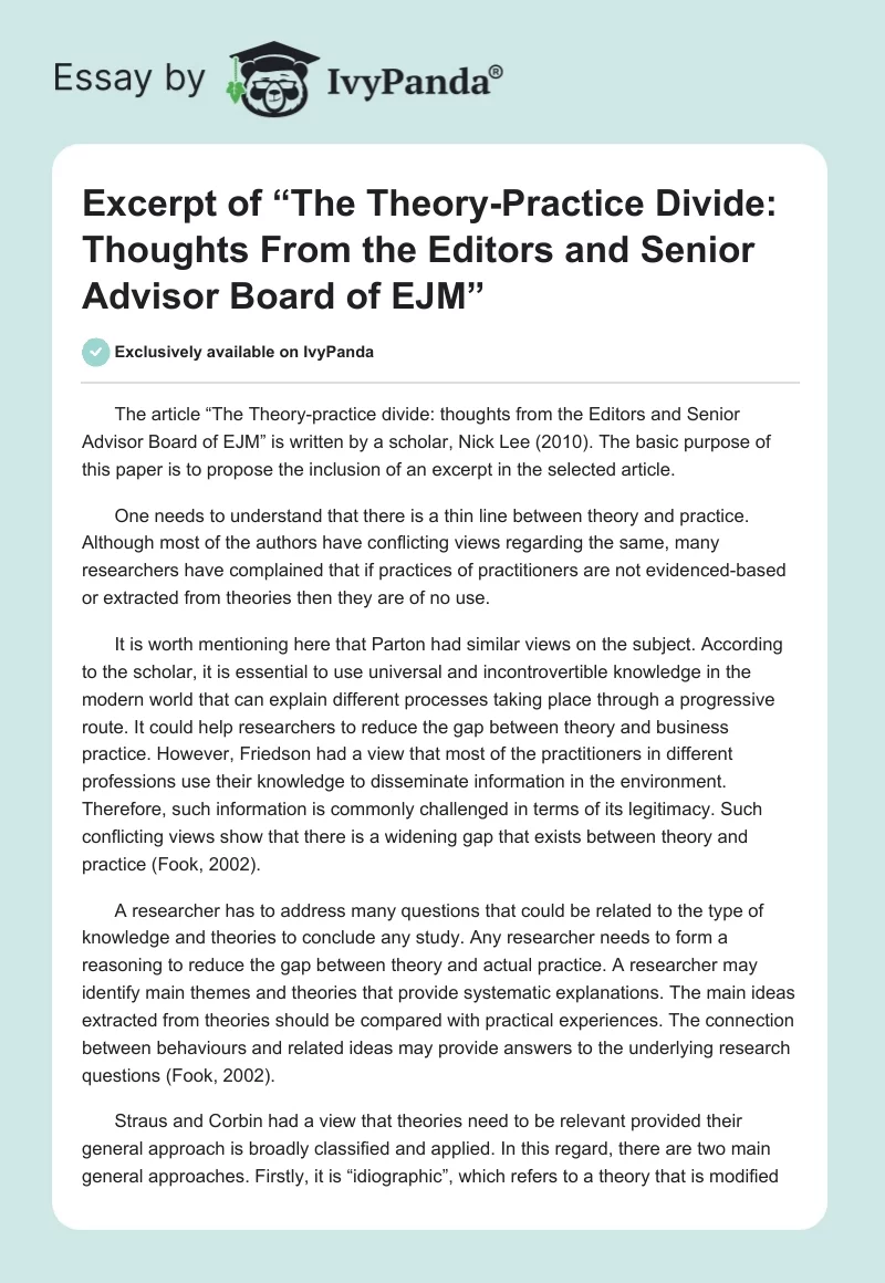 Excerpt of “The Theory-Practice Divide: Thoughts From the Editors and Senior Advisor Board of EJM”. Page 1