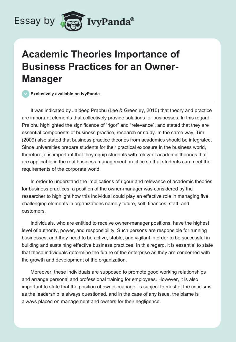 Academic Theories Importance of Business Practices for an Owner-Manager. Page 1