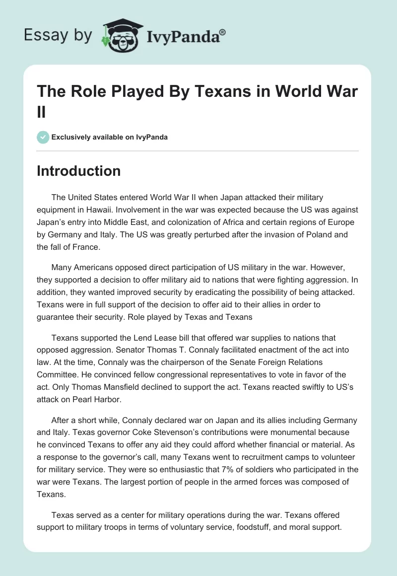 The Role Played by Texans in World War II. Page 1