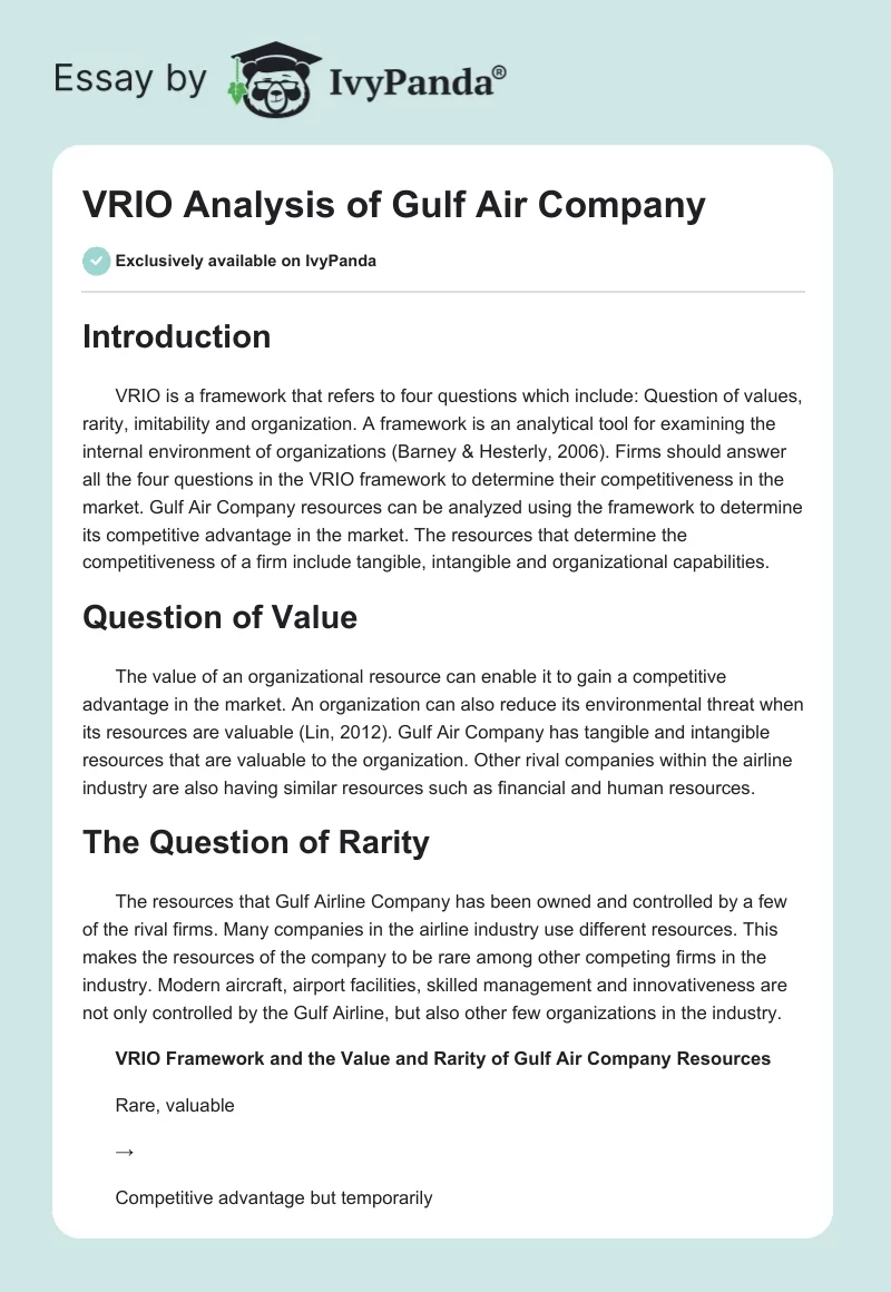 VRIO Analysis of Gulf Air Company. Page 1