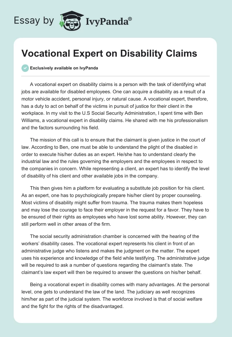 Vocational Expert on Disability Claims. Page 1