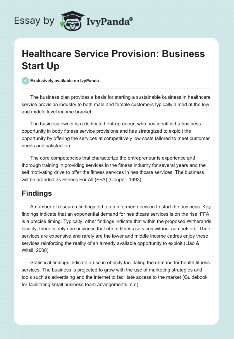 Healthcare Service Provision: Business Start Up. Page 1