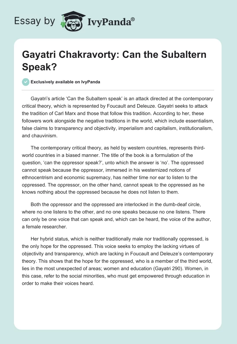 Gayatri Chakravorty: Can the Subaltern Speak?. Page 1