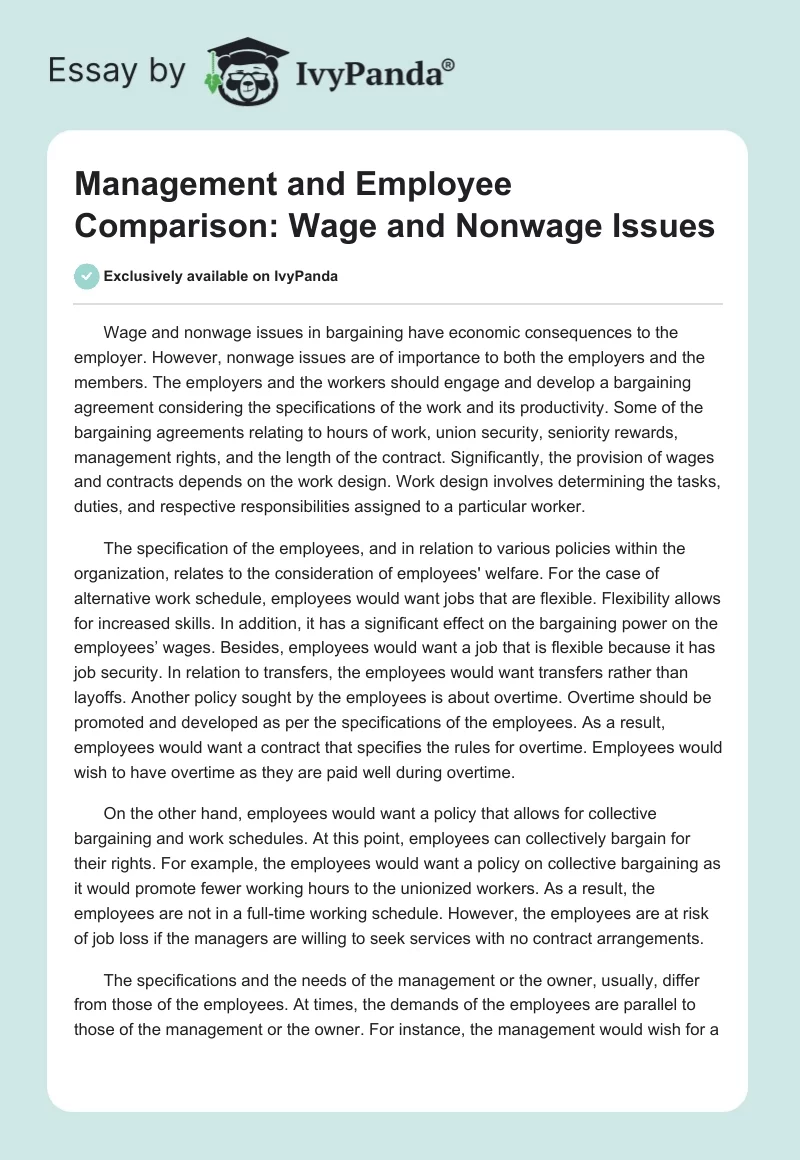 Management and Employee Comparison: Wage and Nonwage Issues. Page 1