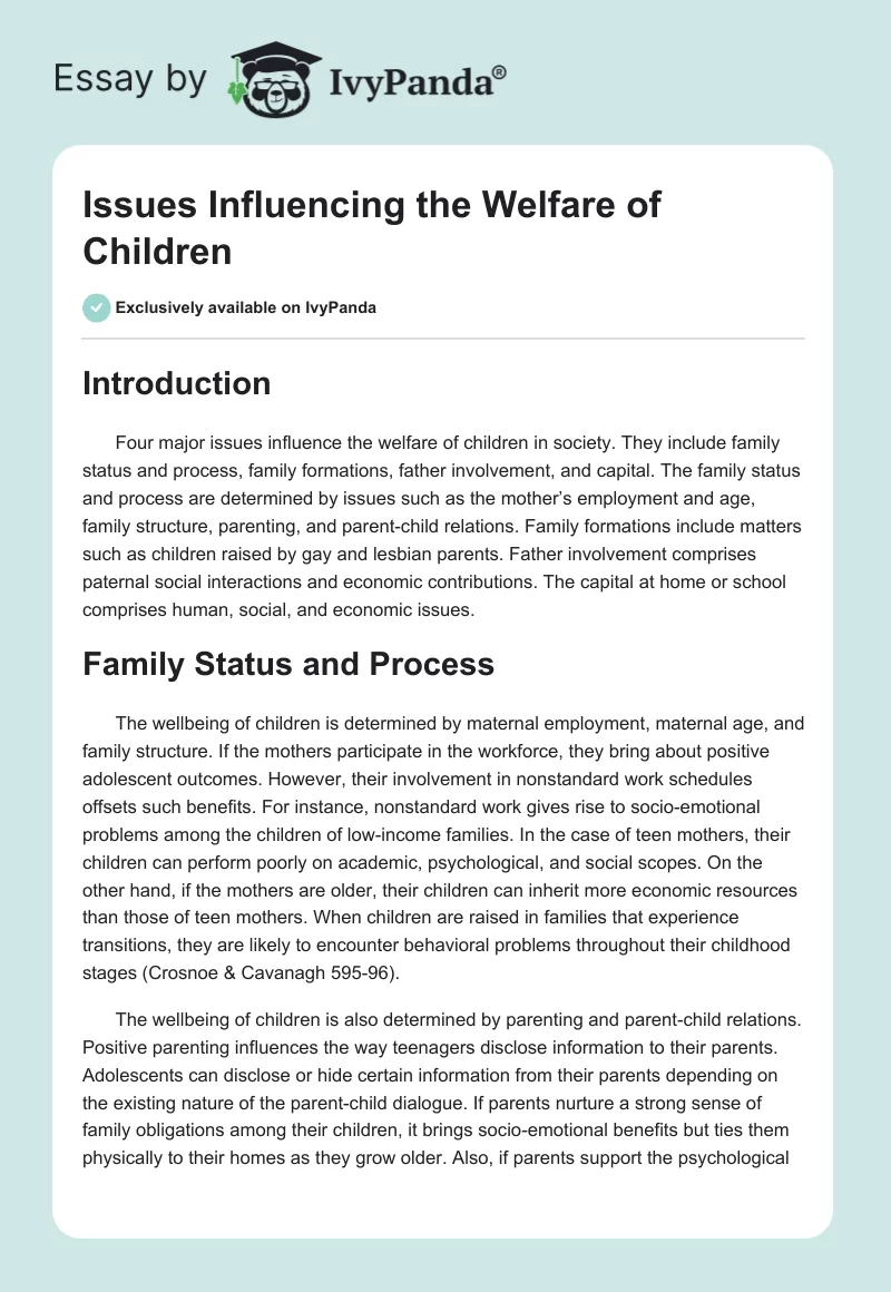 Issues Influencing the Welfare of Children. Page 1