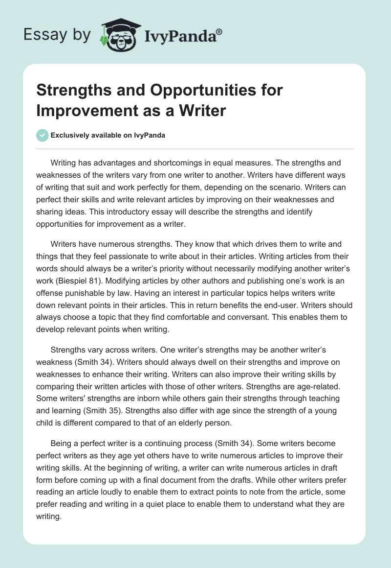 Strengths and Opportunities for Improvement as a Writer. Page 1