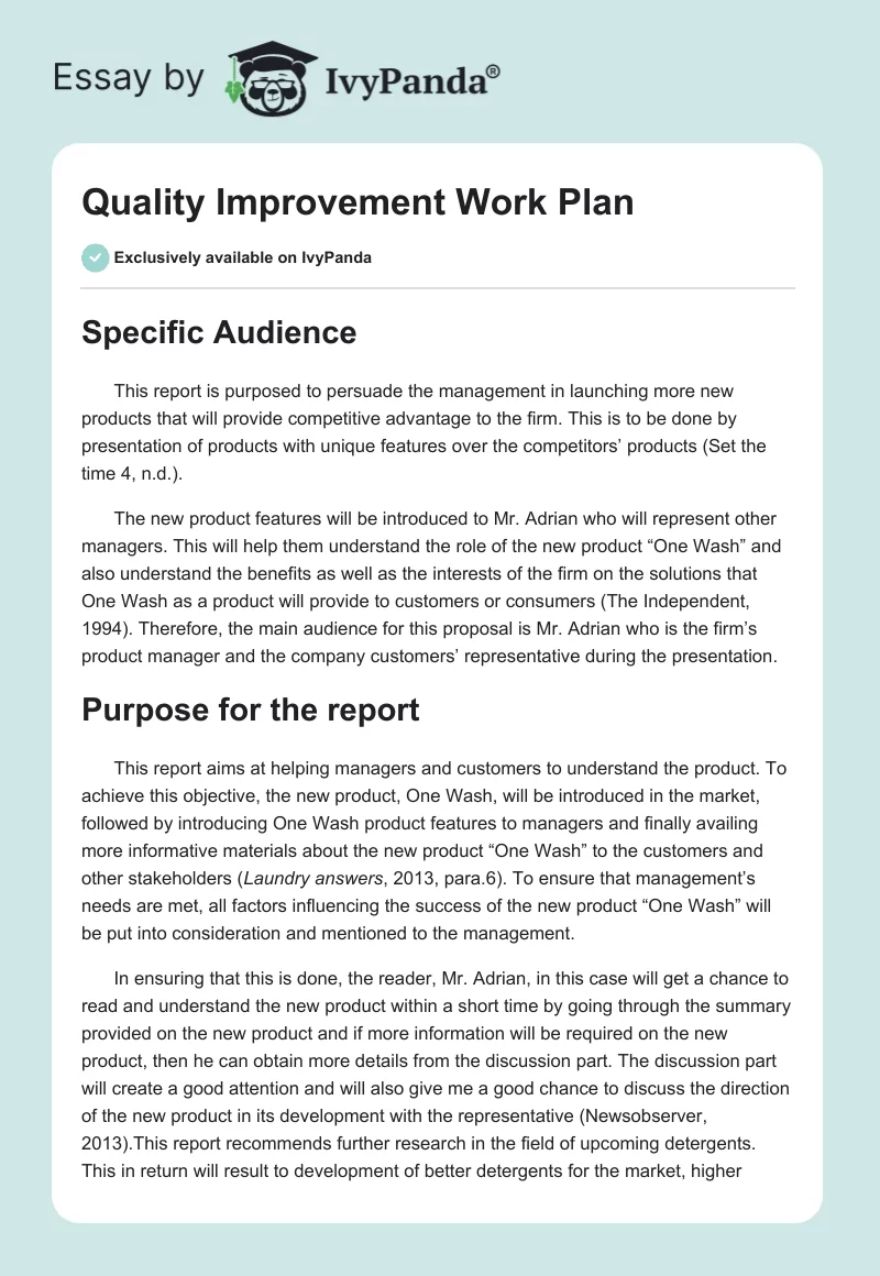 Quality Improvement Work Plan. Page 1
