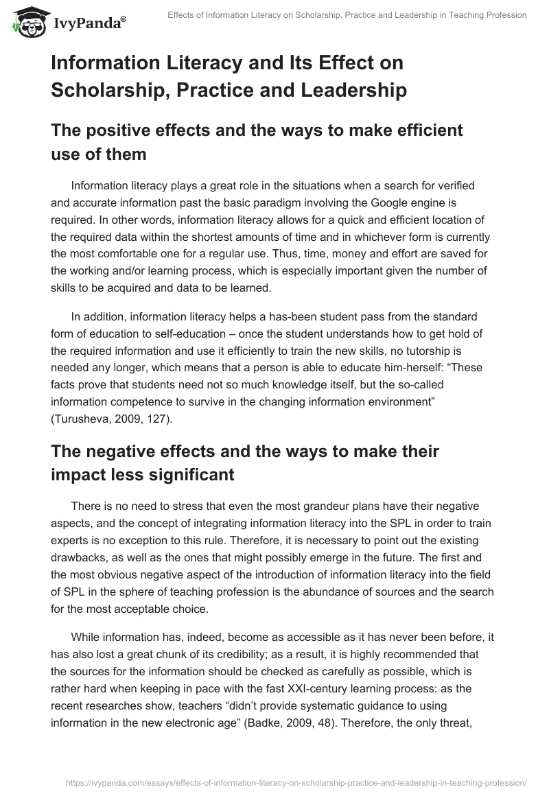 Effects of Information Literacy on Scholarship, Practice and Leadership in Teaching Profession. Page 2