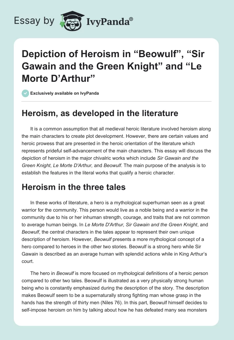 Depiction of Heroism in “Beowulf”, “Sir Gawain and the Green Knight” and “Le Morte D’Arthur”. Page 1