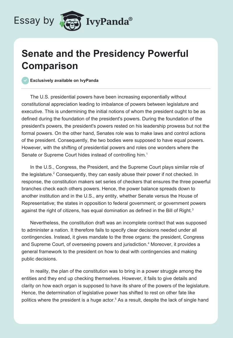 Senate and the Presidency Powerful Comparison. Page 1