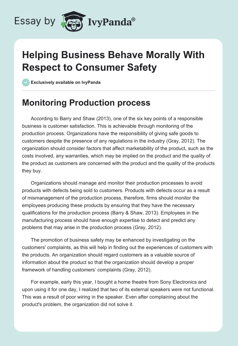 Helping Business Behave Morally With Respect to Consumer Safety. Page 1